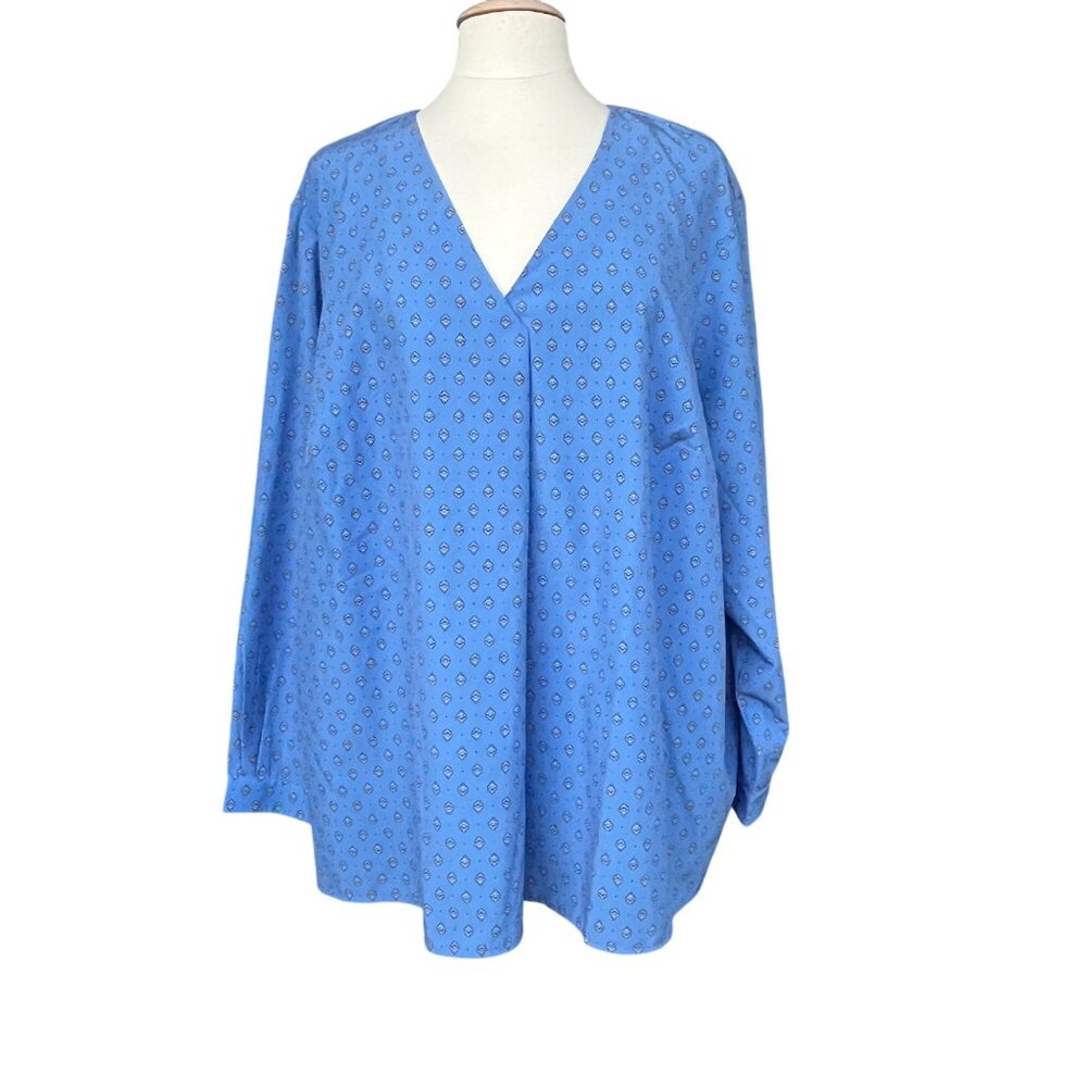 Lands End Womens Commuter Blue Printed V-Neck Blouse Long‎ Sleeve  3X 24W-26W